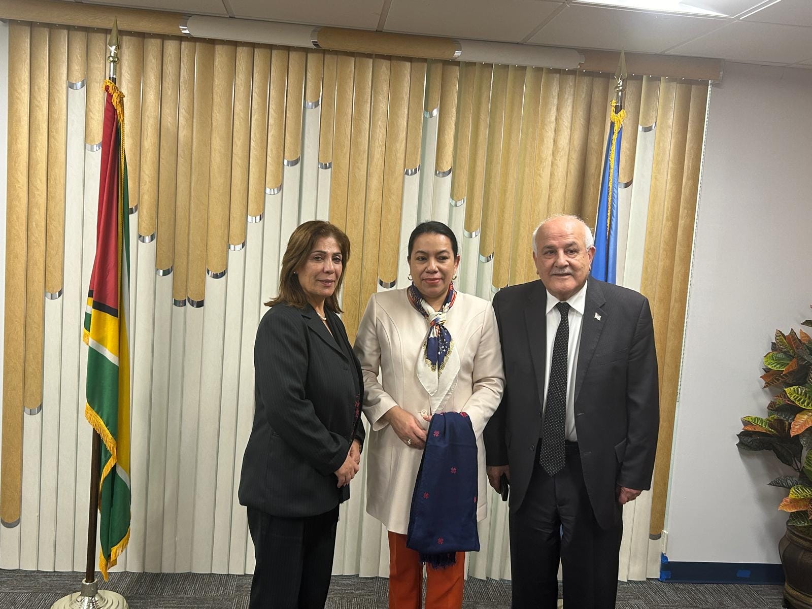 لتقت وزيرة شؤون المرأة منى الخليلي برفقة سعادة السفير د.رياض منصور، بمندوبة جمهورية غويانا بمجلس الأمن السيدة كارولين رودريجر.